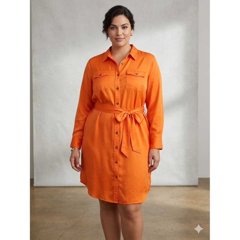 Lauren Ralph Lauren Orange Viscose Belted Shirt Dress Womens 20W Plus Size